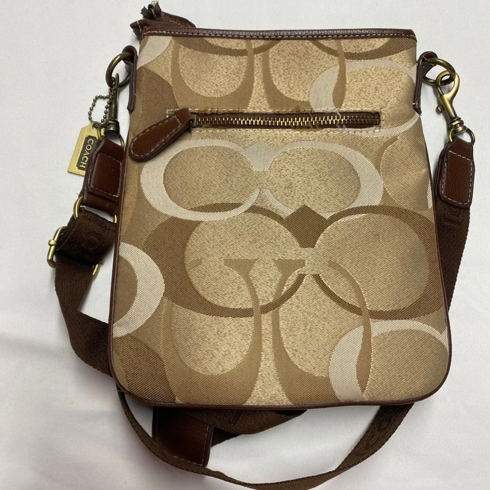 Coach Optic Signature Jacquard Crossbody Bag Khaki Brown Brass Hardware
